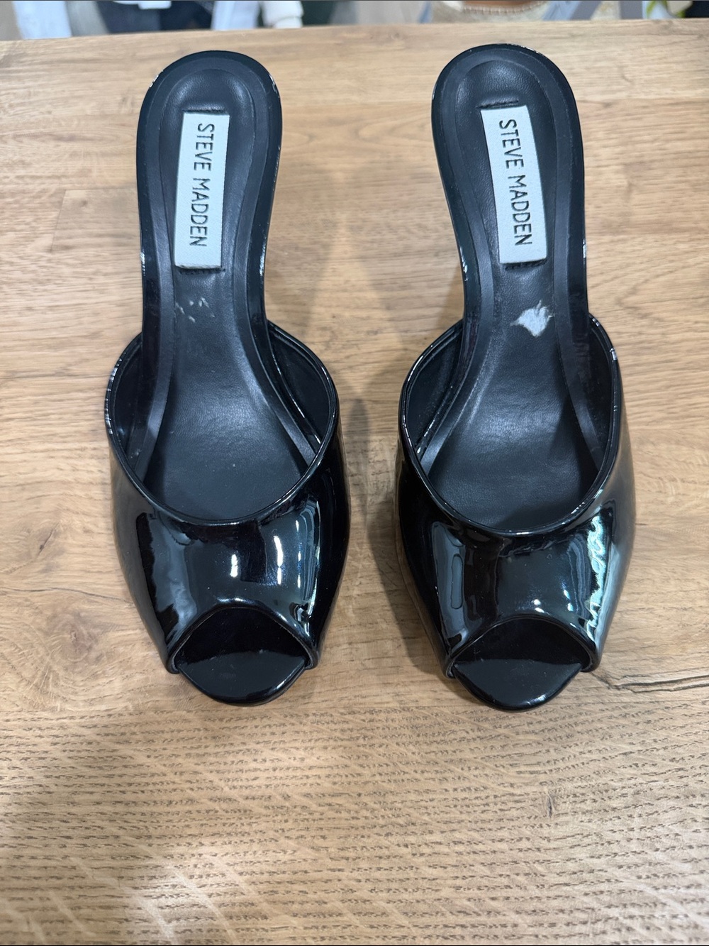 Steve Madden Black Patent Peep-Toe Slide Mule